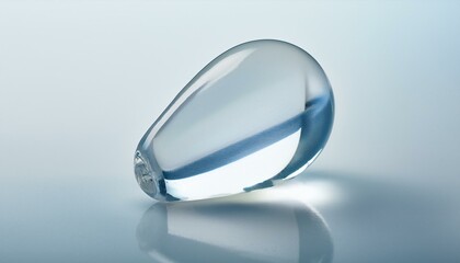 A translucent gel capsule with visible liquid inside, lying flat on a bright white surface, 