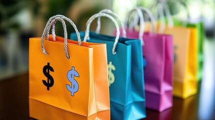 Abstract dollar signs and percentage symbols swirling around colorful shopping bags, representing discounts and retail savings