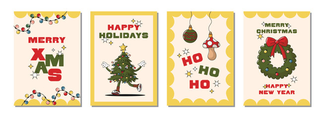New Year Winter poster set with christmas tree retro groovy character, holly branch, tree toys, wreath, mushrooms. Merry Christmas greeting card collection. Vector illustration, editable stroke.