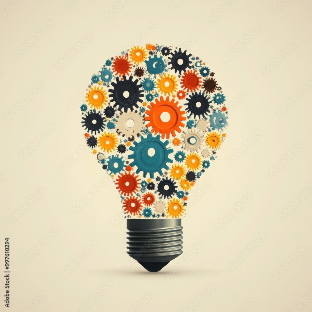 Poster interconnected gears within a lightbulb design