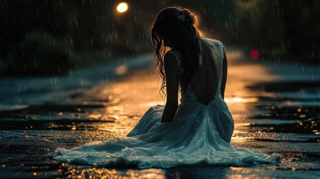 Sad beautiful Young bride sitting on street in wedding day,crying with tears eyes suffering from emotional break up relationship in rainy day,bad day with Female received bad news.