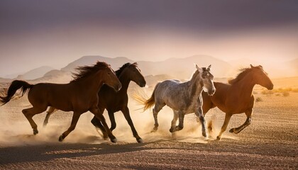  Wild horses running together across a dusty plain, the lead horse sharply in focus, while th