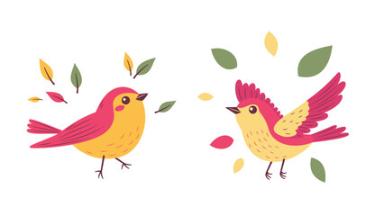 A Pair of Cute Red Robin Bird Animal with Leaves in the Park