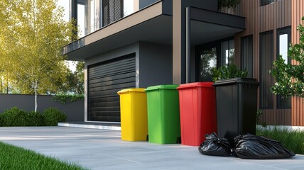 Different types of garbage bags and waste bin,recycling and separate waste collection concept,Set of red green,blue buckets for trash with sign arrow,full waste bin at clean modern house.