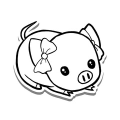 Black line Little Pig Girl with Bow on white silhouette and gray shadow. Hand drawn cartoon style. illustration for decorate and any design.