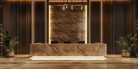 brown modern hotel reception design with combine between elegant wood panels and luxury marble 