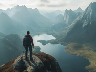 a hiker standing at the edge of a cliff, looking out at a vast mountain range