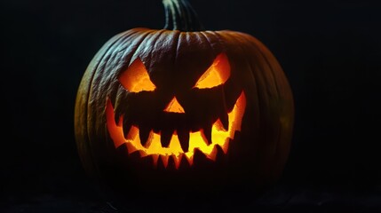 A Carved Jack-o'-Lantern Glows Eerie in the Dark