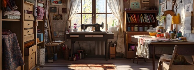 42. A charming sewing room with a vintage sewing machine, fabric storage, and a work table