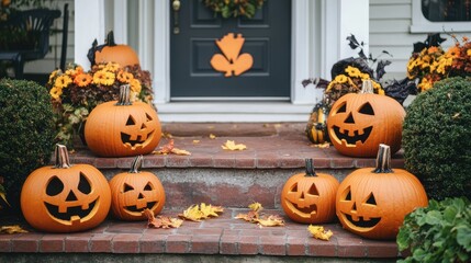 Carved Pumpkins on a Brick Porch for Halloween