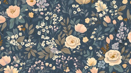 Watercolor Floral Pattern on Blue Background