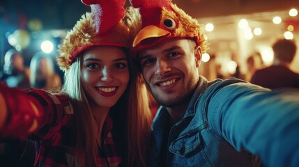 Obraz premium Couple in Rooster Hats Taking Selfie at Party