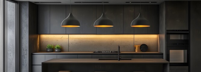 35. A modern kitchen with an island, pendant lights, and a unique backsplash