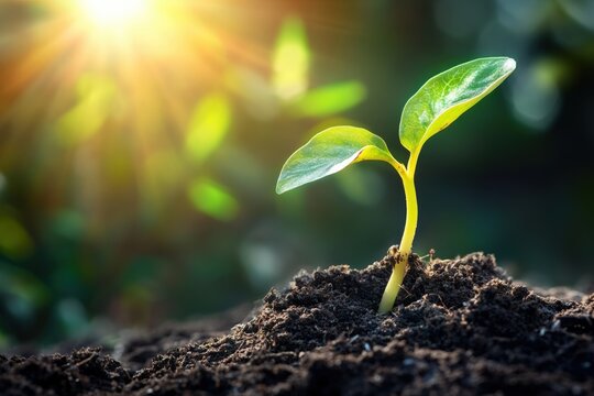A view of a plant sprouting from a seed, showing the roots growing into the soil