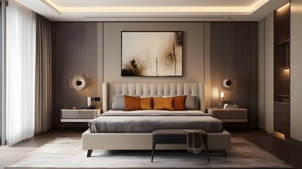 15. A stylish master bedroom with an upholstered headboard, bedside tables, and abstract art