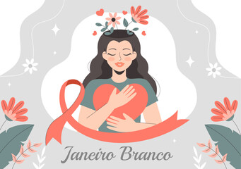 Janeiro Branco Translation of a White January Mental Health Awareness Month Vector Illustration with a Symbol the Brain and Flowers in Flat Background