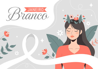 Janeiro Branco Translation of a White January Mental Health Awareness Month Vector Illustration with a Symbol the Brain and Flowers in Flat Background