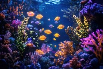 Naklejka premium A vivid representation of a coral reef ecosystem, with bioluminescent sea creatures glowing beneath the ocean