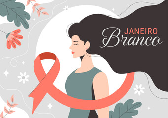 Janeiro Branco Translation of a White January Mental Health Awareness Month Vector Illustration with a Symbol the Brain and Flowers in Flat Background