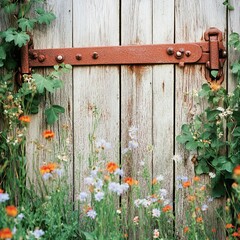 Weathered wooden garden gate with rusted hinges, partially hidden by climbing ivy and wildflowers