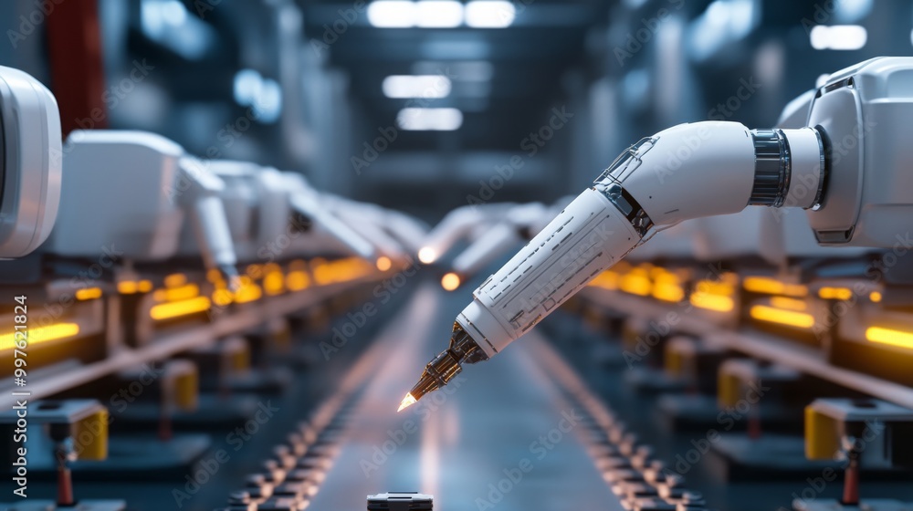 Poster robotic arms are actively working on an assembly line in a dimly lit manufacturing facility, showcas