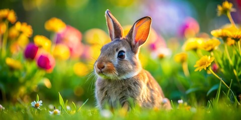 Fototapeta premium A charming close-up of a fluffy rabbit nestled in vibrant green grass, surrounded by colorful flowers, radiating