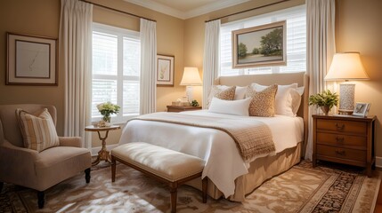 18. A luxurious guest bedroom with a queen bed, soft linens, and a small seating area