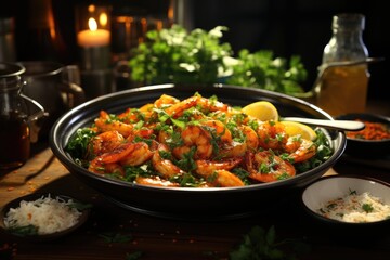 Fried shrimp in garlic sauce and herbs, garnished with dill, generative IA