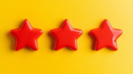 Three red, star-shaped objects are displayed on a yellow surface. The stars are arranged in a row, evenly spaced, with their points facing the viewer.