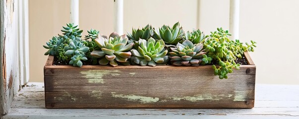 Weathered wooden trough planter filled with succulents, sitting on a sunlit porch with chipped paint