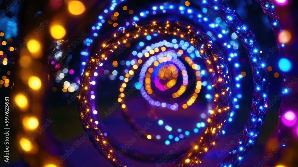 Poster colorful lights twinkle in dynamic spiral patterns, creating a mesmerizing display that captures the