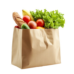 Paper bag with fresh vegetables and bread isolated on a transparent background.
