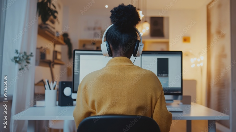 Leinwandbilder a person wearing headphones is deeply engaged in work at their desk, illuminated by warm light in a 