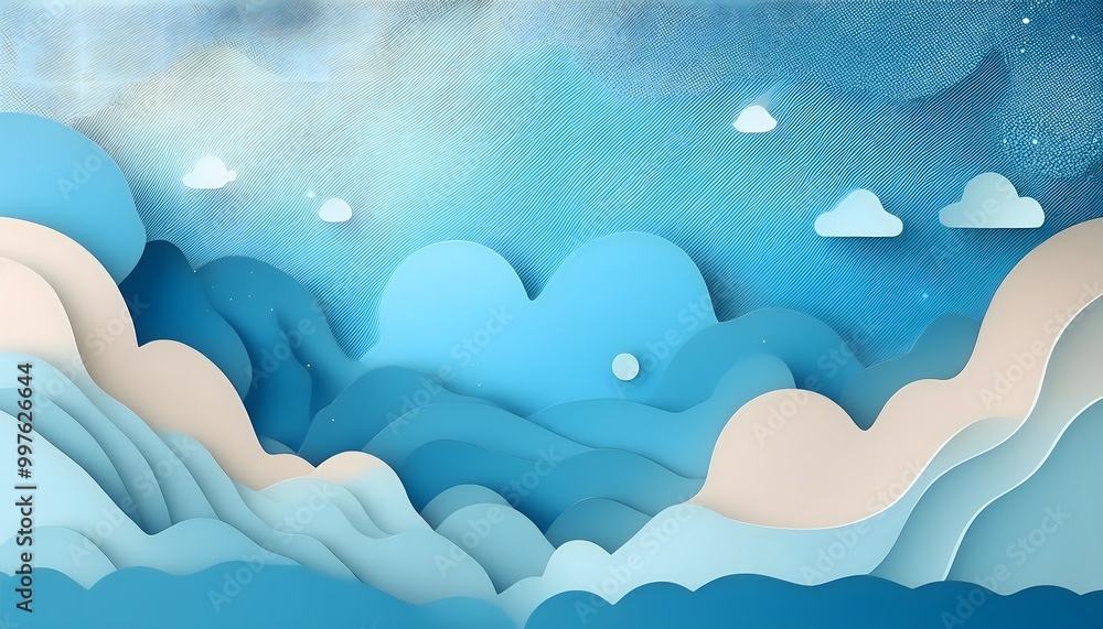 Poster the sky background is filled with pastel fluffy clouds in a paper layer format.