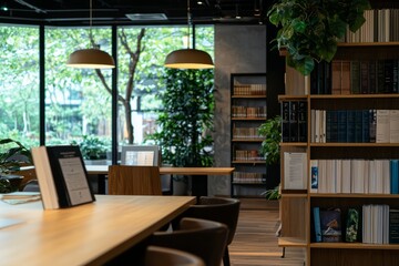 A collaborative workspace in the office library where teams can gather and share ideas over books and resources, Generative AI