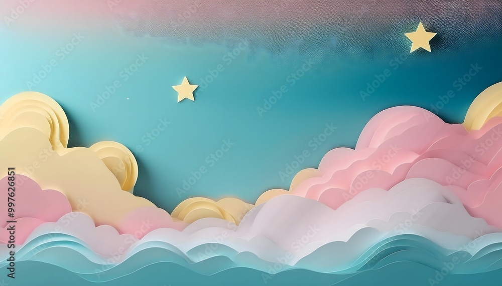Poster the sky background is filled with pastel fluffy clouds in a paper layer format.