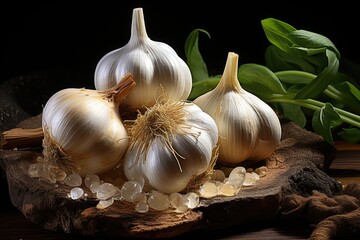Three garlic cloves and some dry bark on a smooth black background, generative IA