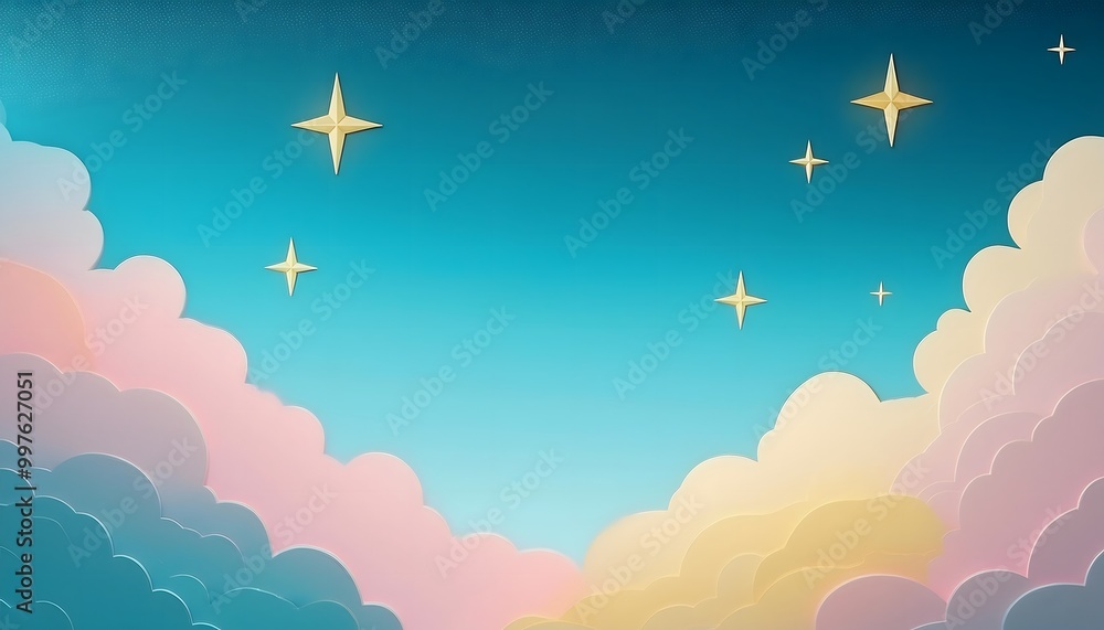 Aufkleber the sky background is filled with pastel fluffy clouds in a paper layer format.