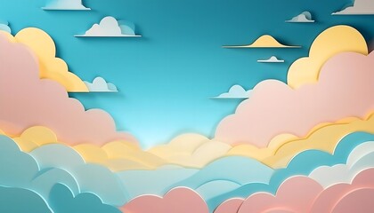 The sky background is filled with pastel fluffy clouds in a paper layer format.