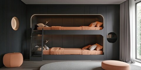 luxury minimalist dark grey kids bedroom with elegant peach double bunk bed and kids decoration 