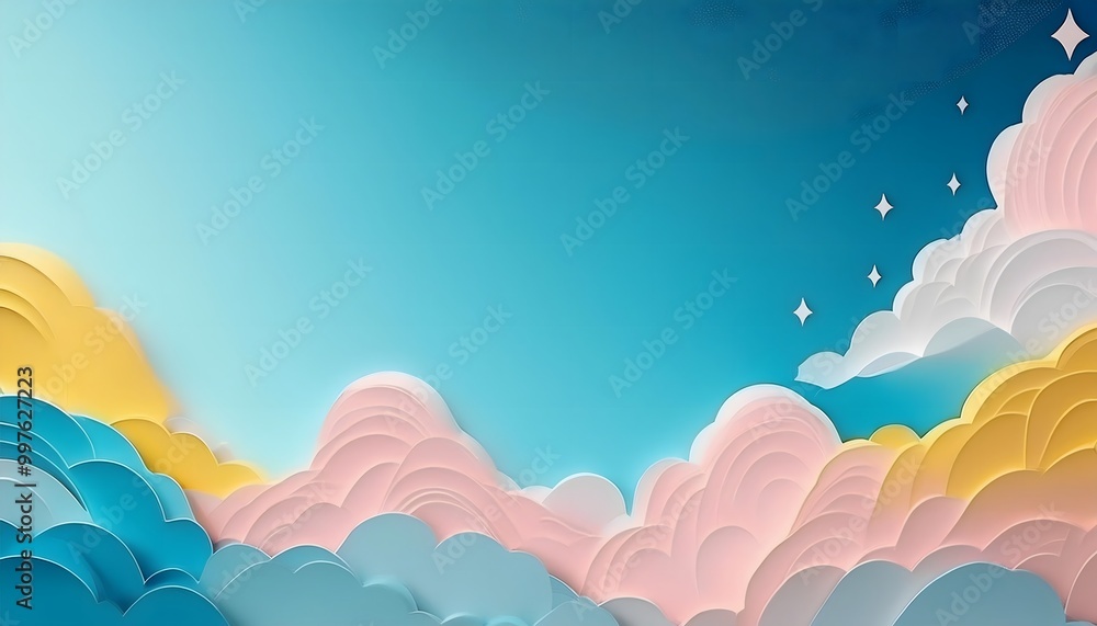 Poster the sky background is filled with pastel fluffy clouds in a paper layer format.