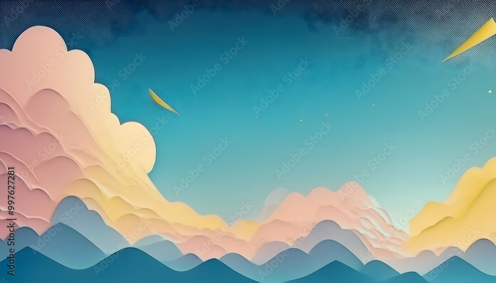 Poster the sky background is filled with pastel fluffy clouds in a paper layer format.