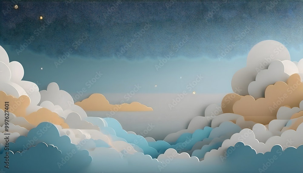Poster the sky background is filled with pastel fluffy clouds in a paper layer format.
