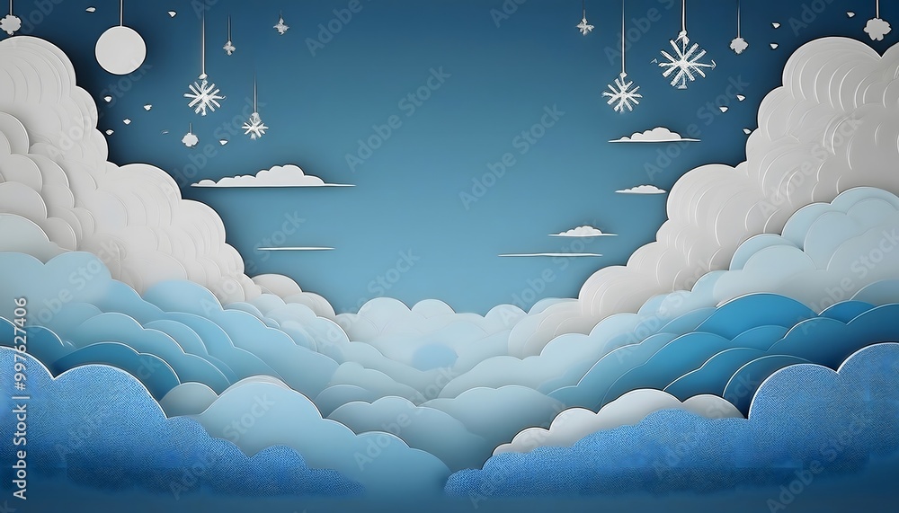 Poster the sky background is filled with pastel fluffy clouds in a paper layer format.
