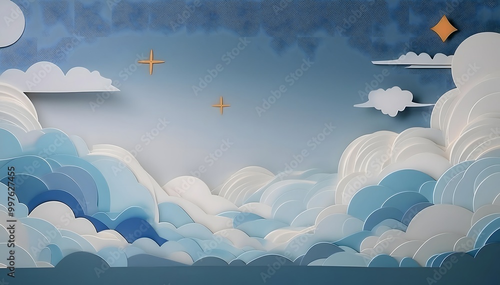 Poster the sky background is filled with pastel fluffy clouds in a paper layer format.