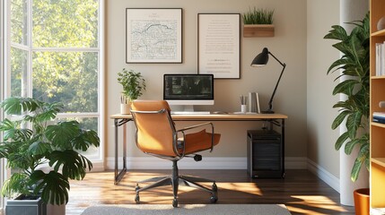 cozy home office, cozy home workspace, and 3D render