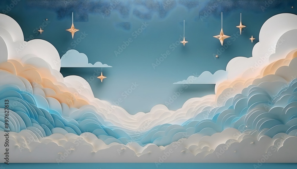 Poster the sky background is filled with pastel fluffy clouds in a paper layer format.