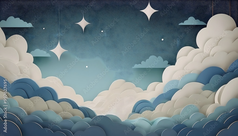 Poster the sky background is filled with pastel fluffy clouds in a paper layer format.