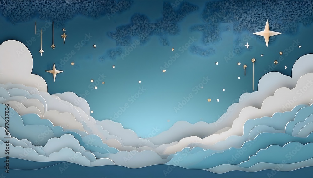 Poster the sky background is filled with pastel fluffy clouds in a paper layer format.