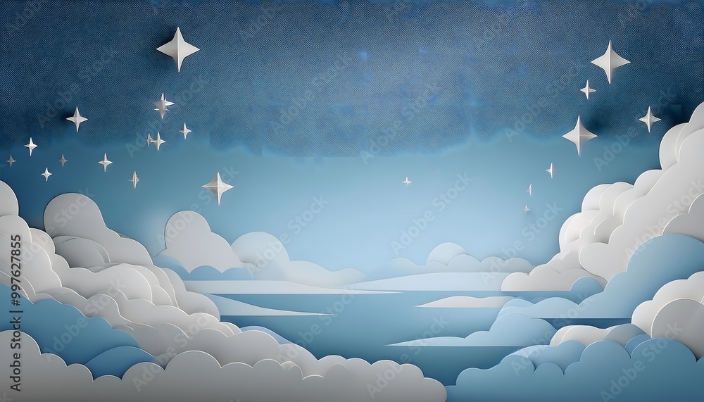 Poster the sky background is filled with pastel fluffy clouds in a paper layer format.